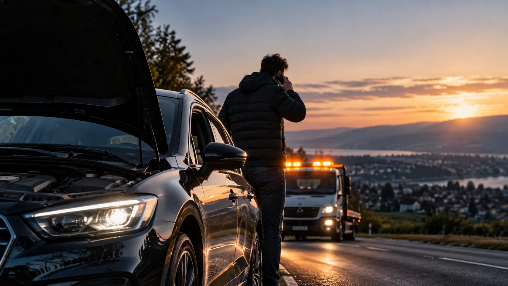Panne am Abend: Auto am Strassenrand, ein Abschleppwagen kommt zu Hilfe