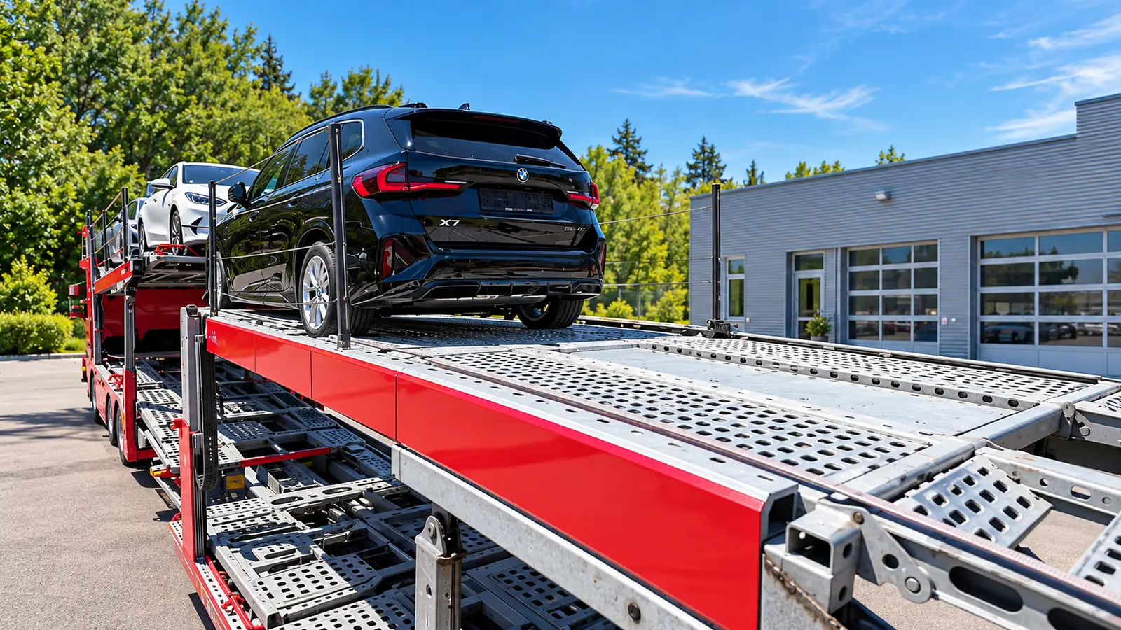 Autotransporter mit BMW vor einer Werkstatt