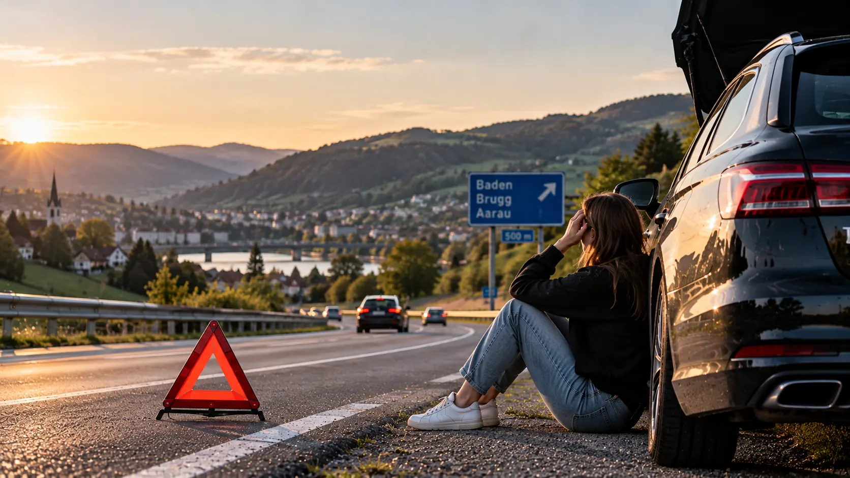 Frau sitzt nach einer Panne neben ihrem Auto, davor ein Pannendreieck